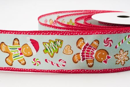 Aqua green - Red Gingerbread Men & Candy Holiday Wired Ribbon_KF9725GC-15-7