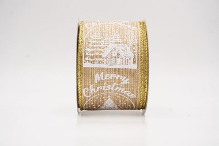 Beige Merry Christmas Text & Tree Design Wired Ribbon_KF9730G-14