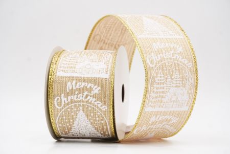 Beige Merry Christmas Text & Tree Design Wired Ribbon_KF9730G-14