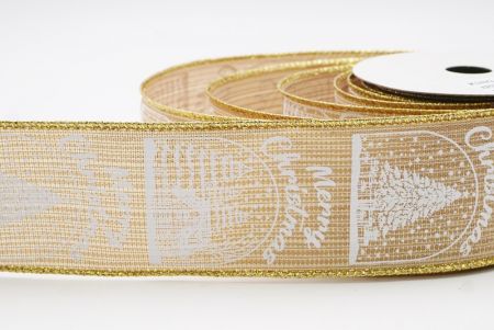 Beige Merry Christmas Text & Tree Design Wired Ribbon_KF9730G-14