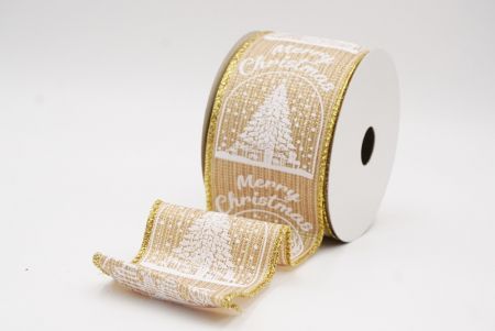 Beige Merry Christmas Text & Tree Design Wired Ribbon_KF9730G-14