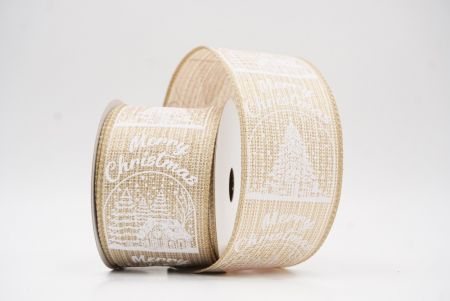 Light Brown Merry Christmas Text & Tree Design Wired Ribbon_KF9730GC-13-183