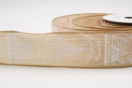 Light Brown Merry Christmas Text & Tree Design Wired Ribbon_KF9730GC-13-183