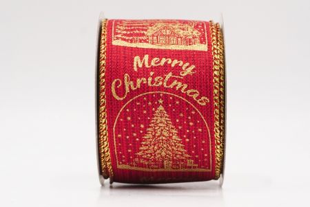 Red - Gold Merry Christmas Text & Tree Design Wired Ribbon_KF9731G-7