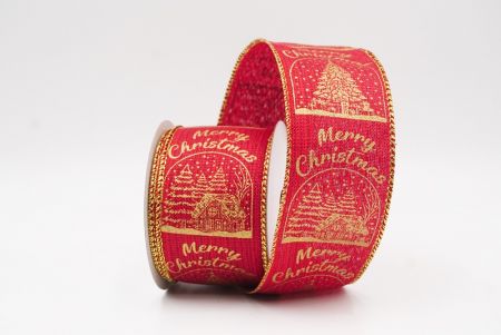 Red - Gold Merry Christmas Text & Tree Design Wired Ribbon_KF9731G-7