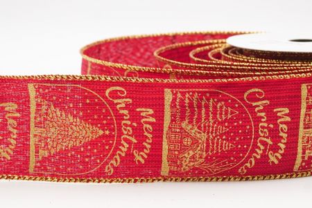 Red - Gold Merry Christmas Text & Tree Design Wired Ribbon_KF9731G-7