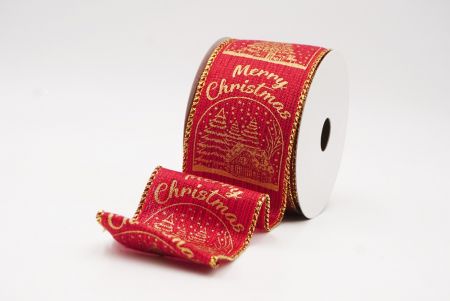 Red - Gold Merry Christmas Text & Tree Design Wired Ribbon_KF9731G-7
