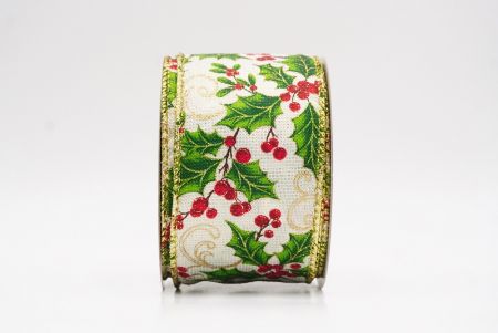 Cream Classic Holly Leaves & Christmas Berry Wired Ribbon_KF9747G-2