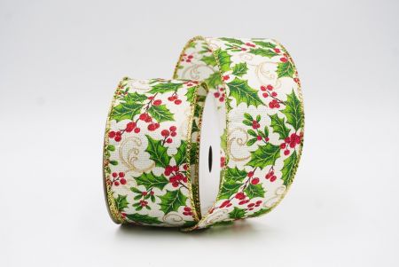 Cream Classic Holly Leaves & Christmas Berry Wired Ribbon_KF9747G-2