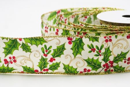 Cream Classic Holly Leaves & Christmas Berry Wired Ribbon_KF9747G-2