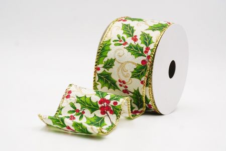 Cream Classic Holly Leaves & Christmas Berry Wired Ribbon_KF9747G-2