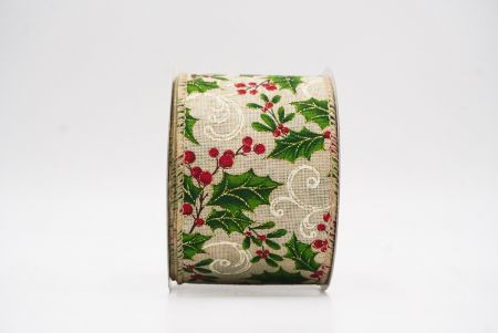 Lt. Brown Classic Holly Leaves & Christmas Berry Wired Ribbon_KF9748GC-13-183