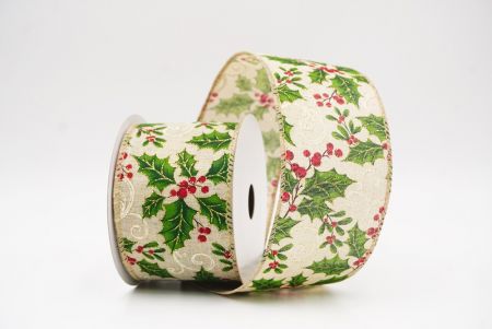 Lt. Brown Classic Holly Leaves & Christmas Berry Wired Ribbon_KF9748GC-13-183