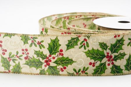 Lt. Brown Classic Holly Leaves & Christmas Berry Wired Ribbon_KF9748GC-13-183