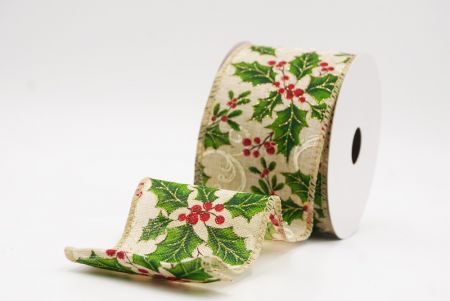 Lt. Brown Classic Holly Leaves & Christmas Berry Wired Ribbon_KF9748GC-13-183