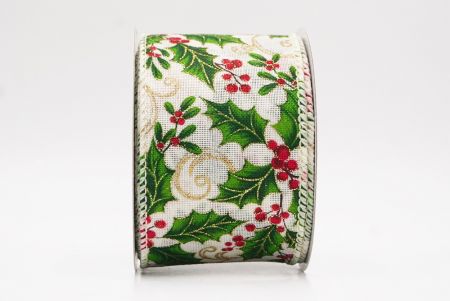 Cream white Classic Holly Leaves & Christmas Berry Wired Ribbon_KF9748GC-2-2
