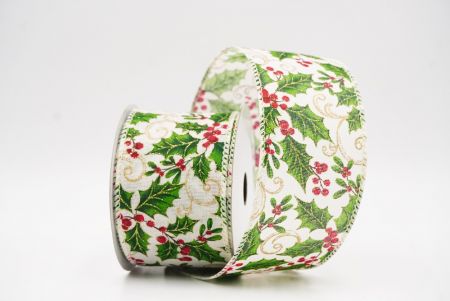 Cream white Classic Holly Leaves & Christmas Berry Wired Ribbon_KF9748GC-2-2