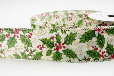 Cream white Classic Holly Leaves & Christmas Berry Wired Ribbon_KF9748GC-2-2