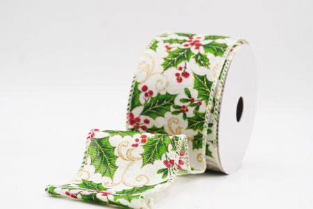 Cream white Classic Holly Leaves & Christmas Berry Wired Ribbon_KF9748GC-2-2