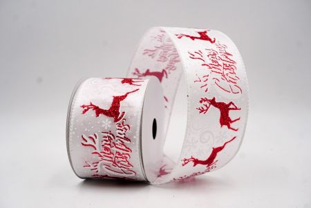 सफेद - लाल ग्लिटर हिरण और मेरी क्रिसमस स्क्रिप्ट वायर्ड रिबन_KF9749GC-1R-1