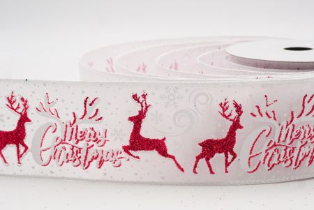 सफेद - लाल ग्लिटर हिरण और मेरी क्रिसमस स्क्रिप्ट वायर्ड रिबन_KF9749GC-1R-1
