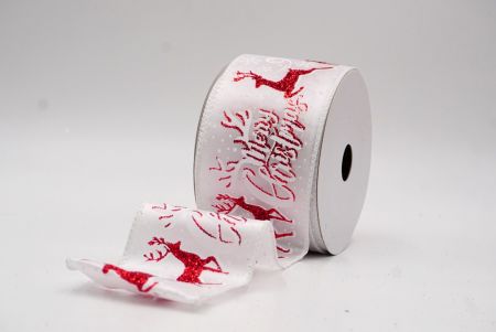 सफेद - लाल ग्लिटर हिरण और मेरी क्रिसमस स्क्रिप्ट वायर्ड रिबन_KF9749GC-1R-1