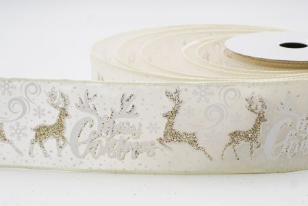 क्रीम ग्लिटर हिरण और मेरी क्रिसमस स्क्रिप्ट वायर्ड रिबन_KF9749GC-2-2