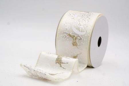 क्रीम ग्लिटर हिरण और मेरी क्रिसमस स्क्रिप्ट वायर्ड रिबन_KF9749GC-2-2