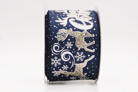 नीला ग्लिटर हिरण और मेरी क्रिसमस स्क्रिप्ट वायर्ड रिबन_KF9749GC-4-4