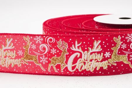 लाल - सोना ग्लिटर हिरण और मेरी क्रिसमस स्क्रिप्ट वायर्ड रिबन_KF9749GC-7G-7