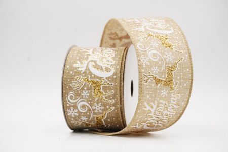 हल्का भूरा ग्लिटर हिरण और मेरी क्रिसमस स्क्रिप्ट वायर्ड रिबन_KF9750GC-13-183