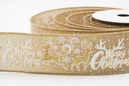 हल्का भूरा ग्लिटर हिरण और मेरी क्रिसमस स्क्रिप्ट वायर्ड रिबन_KF9750GC-13-183