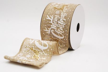 हल्का भूरा ग्लिटर हिरण और मेरी क्रिसमस स्क्रिप्ट वायर्ड रिबन_KF9750GC-13-183