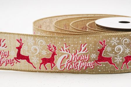 बेज ग्लिटर हिरण और मेरी क्रिसमस स्क्रिप्ट वायर्ड रिबन_KF9750GC-14-183