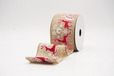 बेज ग्लिटर हिरण और मेरी क्रिसमस स्क्रिप्ट वायर्ड रिबन_KF9750GC-14-183