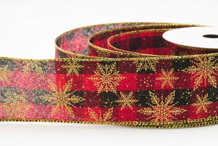 Red Gold- Plaid Festive Christmas Snowflake Wired Ribbon_KF9766G-7