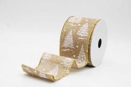 Beige - Burlap Christmas Tree & Winter Landscape Wired Ribbon_KF9772G-14