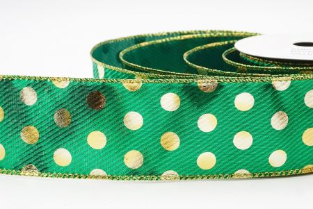 Green Gold Polka Dots Holiday Wired Ribbon_KF9775G-3