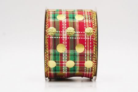Red Green Plaid Gold Polka Dots Holiday Wired Ribbon_KF9776G-7