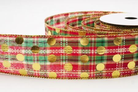 Red Green Plaid Gold Polka Dots Holiday Wired Ribbon_KF9776G-7