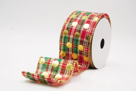 Red Green Plaid Gold Polka Dots Holiday Wired Ribbon_KF9776G-7
