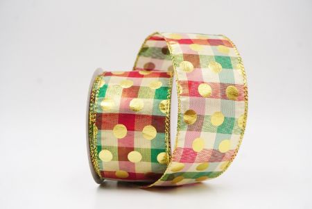 light Brown Plaid Gold Polka Dots Holiday Wired Ribbon_KF9777G-13