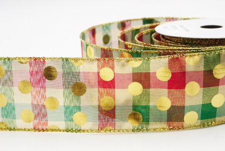 light Brown Plaid Gold Polka Dots Holiday Wired Ribbon_KF9777G-13