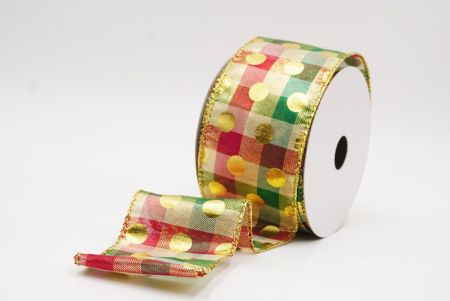 light Brown Plaid Gold Polka Dots Holiday Wired Ribbon_KF9777G-13