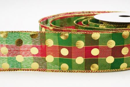 Red Gold Plaid Gold Polka Dots Holiday Wired Ribbon_KF9779G-7