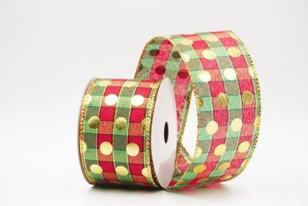 Red Checked Gold Polka Dots Holiday Wired Ribbon_KF9780G-7