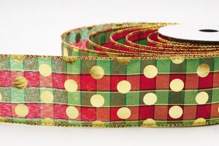 Red Checked Gold Polka Dots Holiday Wired Ribbon_KF9780G-7