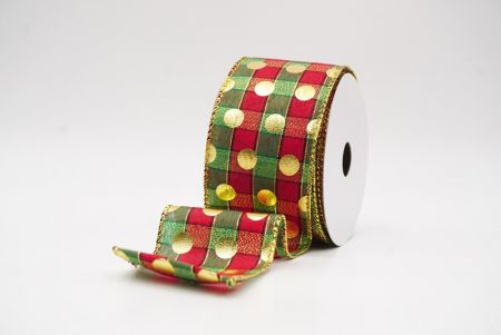Red Checked Gold Polka Dots Holiday Wired Ribbon_KF9780G-7