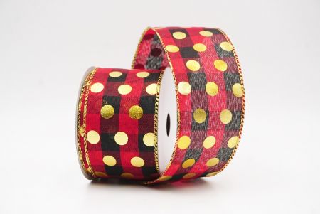 Black Red Plaid Gold Polka Dots Holiday Wired Ribbon_KF9781G-7