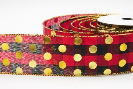 Black Red Plaid Gold Polka Dots Holiday Wired Ribbon_KF9781G-7